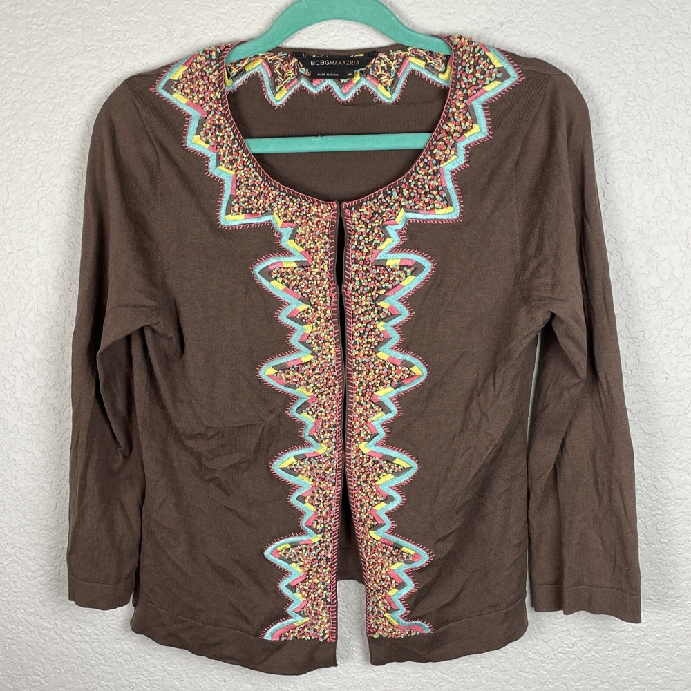 BCBG Maxazria Cardigan‎ Womens Medium Brown Embroidered Colorful Silk Cotton